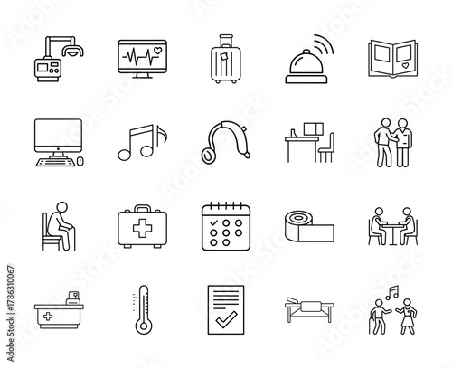 Wellness, health, and lifestyle line icon set. Vector pictograms of heart monitor, suitcase, desktop, hearing aid, first aid kit, calendar, thermometer, and seniors, thin linear illustration.