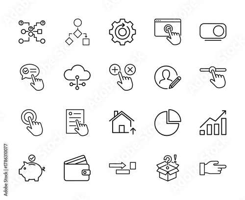 User interface line icon set. Vector pictograms of flowcharts, settings, web interaction, cloud data, user profile, finance, charts, and gestures, thin linear illustration.