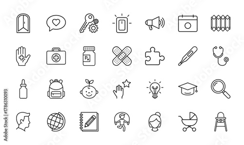 Diverse everyday and medical line icon set. Vector pictograms of first aid, stethoscope, baby, diploma, backpack, calendar, lightbulb, globe, and stroller, thin linear illustration.