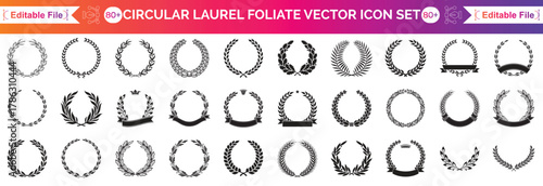 Circular black laurel foliate vector icon set. Set of black silhouette circular laurel foliate, wheat and oak wreaths depicting an award