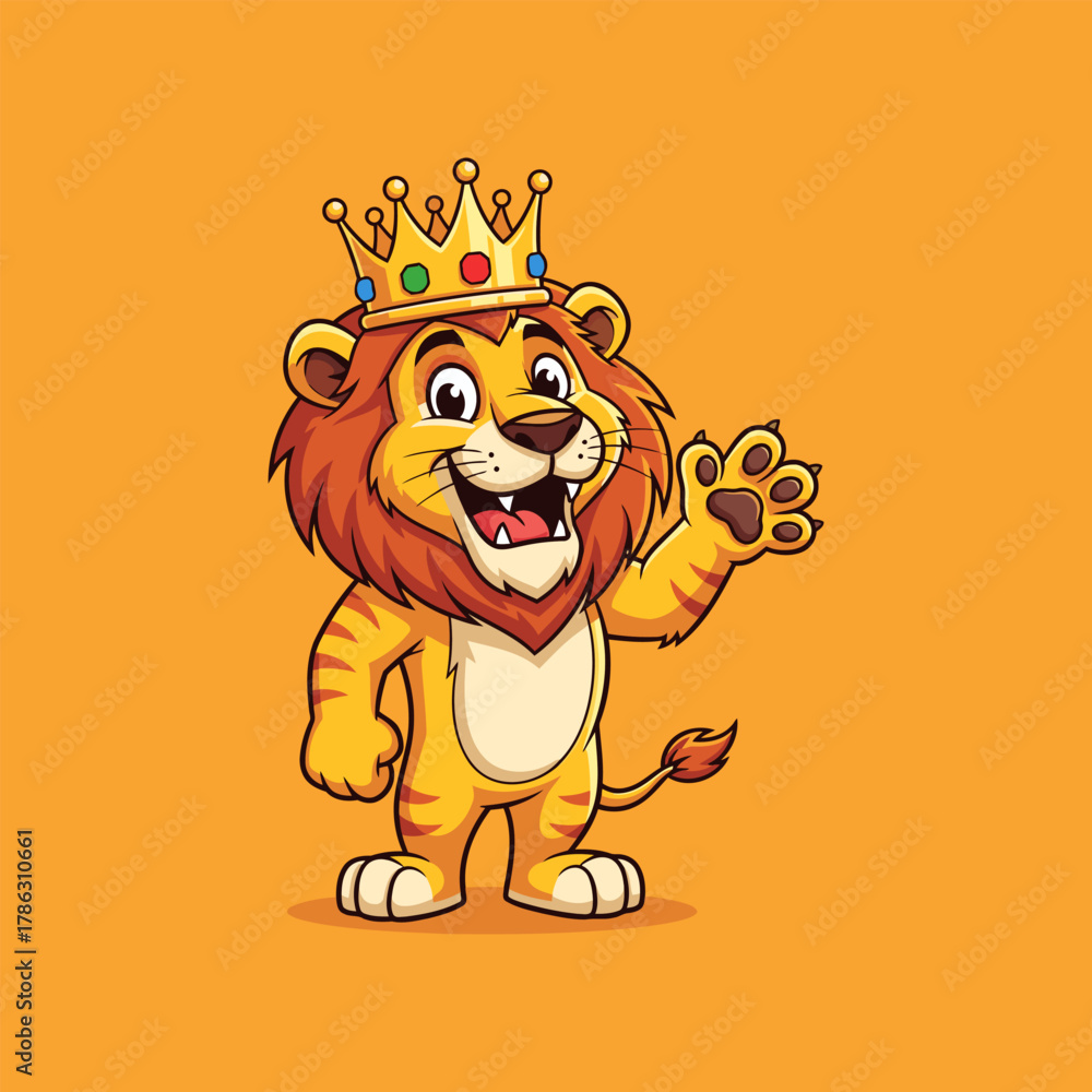 Obraz premium Cartoon lion king waving hand with crown on orange background vector