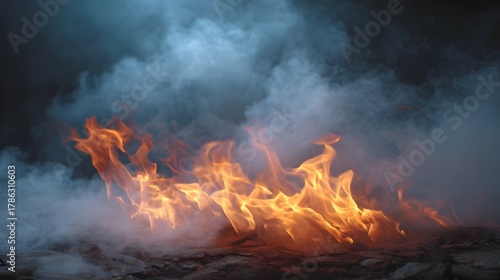 Intense orange and yellow flames erupt from a smoky haze creating a dynamic and dramatic fiery spectacle
