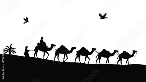 Camel caravan silhouette traversing a desert landscape