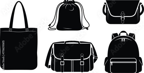Different bag silhouettes set including tote, backpack, messenger, drawstring and shoulder bag, travel and fashion accessory illustration design
