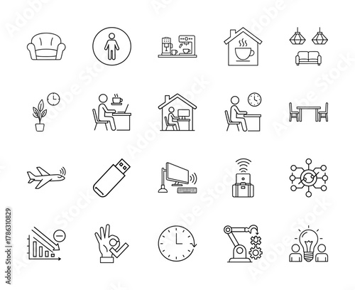 Business and lifestyle line icon set. Vector pictograms of armchair, coffee machine, remote work, laptop, table, airplane, USB, network, robot, and idea, thin linear illustration.