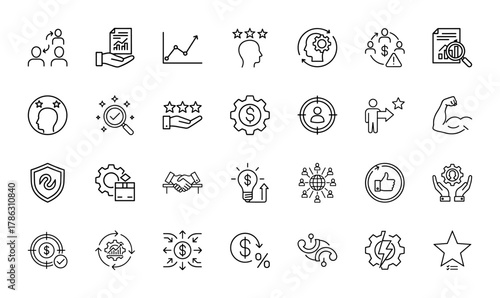 Business management line icon set. Vector pictograms of teamwork, analytics, growth, strategy, finance, innovation, and success, thin linear illustration.