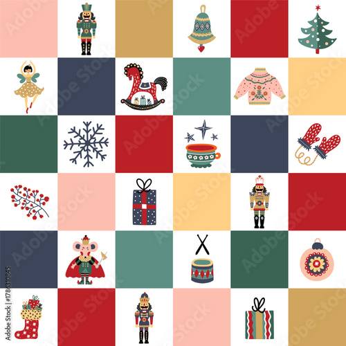  Colorful Christmas vector seamless Nutcracker pattern. Patchwork. Seamless pattern can be used for wallpaper, pattern fills, web page background, surface textures.