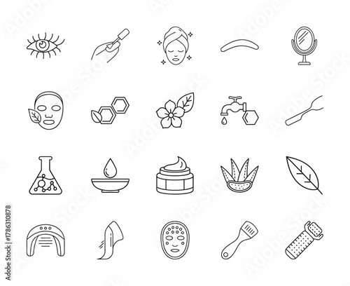 Beauty and spa line icon set. Vector pictograms of eye, manicure, face mask, cream, aloe vera, flower, mirror, brush, and derma roller, thin linear illustration.