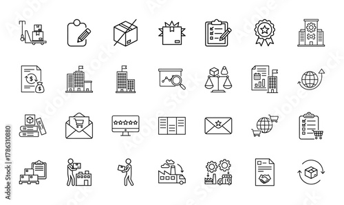 Logistics and supply chain line icon set. Vector pictograms of pallet jacks, shipping boxes, clipboards, buildings, charts, scales, globes, factories, and handshakes, thin linear illustration.