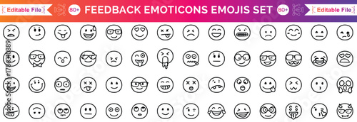 Feedback emoji icon set in different moods. Review smiley face collection. Service rating emoticon vector illustration. Bad, poor, average, good and excellent feedback marking. Face emoji symbols.