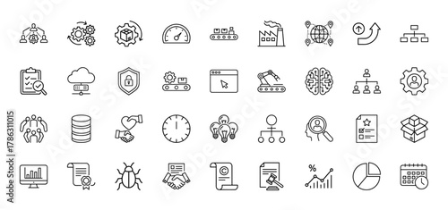 Business and technology line icon set. Vector pictograms of teamwork, automation, data analytics, cloud computing, security, and management, thin linear illustration.