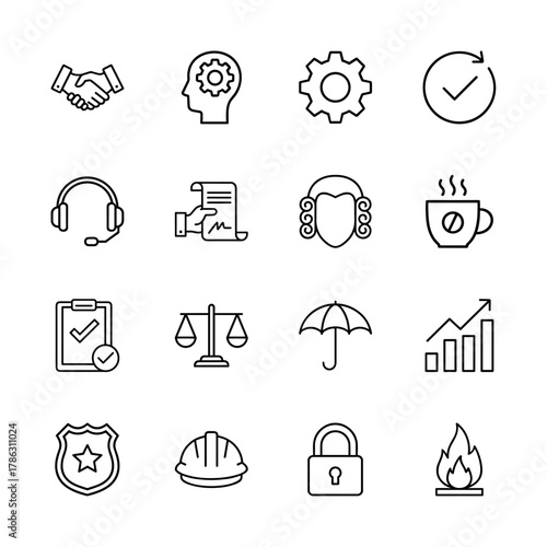 Business, legal, and general concepts line icon set. Vector pictograms of handshake, strategy, law, insurance, and safety, thin linear illustration.