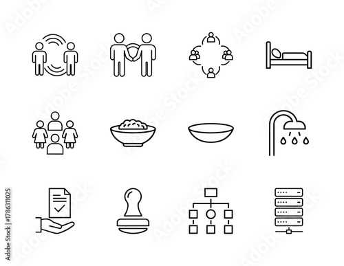Diverse modern line icon set. Vector pictograms of communication, partnership, sleep, food, hygiene, document, organization, and server, thin linear illustration.
