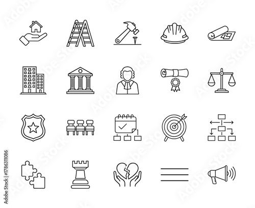 Professional services and construction line icon set. Vector pictograms of house, ladder, hammer, courthouse, judge, scales, shield, target, puzzle, megaphone, thin linear illustration.