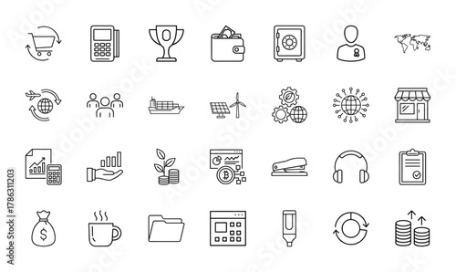Business and finance line icon set. Vector pictograms of shopping cart, calculator, wallet, safe, cargo ship, solar, network, money bag, folder, headphones, refresh, thin linear illustration.