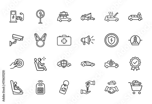 Automotive line icon set. Vector pictograms of charging station, tow truck, broken car, security camera, vehicle insurance, remote key, car seat, sales, shopping cart, thin linear illustration.