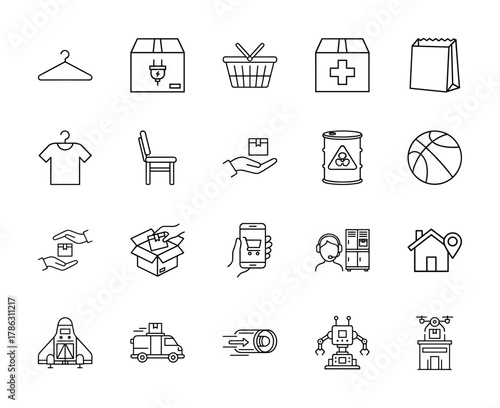 Logistics and e-commerce line icon set. Vector pictograms of boxes, delivery van, shopping basket, smartphone, drone, robot, and home, thin linear illustration.