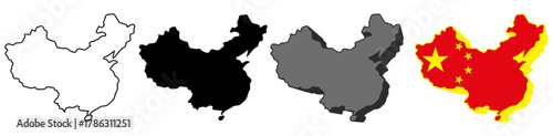 set vector China flag in map icon. Detailed China map silhouette. 3D isometric China map symbol design template illustration
