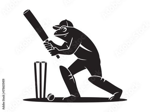 Frog Playing Cricket Vector Silhouette. Funny Animal Batsman Illustration on White Background.