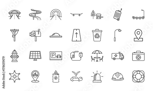 City and urban infrastructure line icon set. Vector pictograms of roads, bridges, transportation, public services, energy, and safety elements, thin linear illustration.