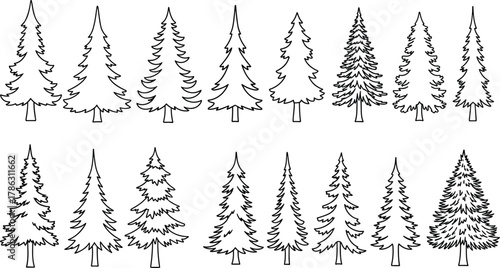 Hand-drawn pine and fir tree outline vector collection, evergreen forest illustration, natural conifer shapes, winter woodland line art design