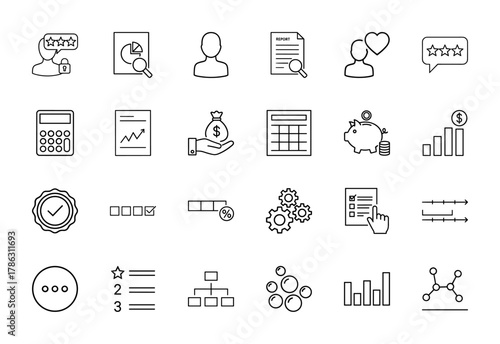 Business and analytics line icon set. Vector pictograms of user profiles, financial management, data visualization, and process elements, thin linear illustration.