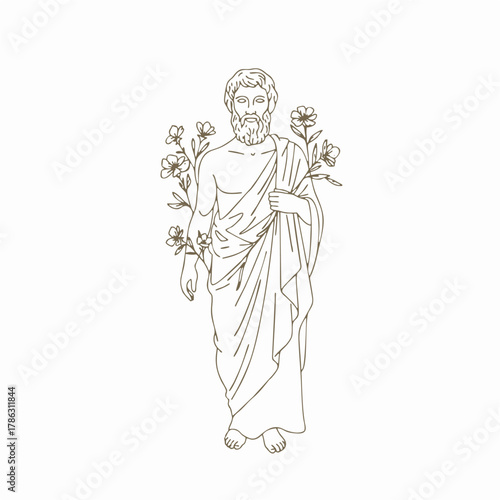 A Minimalist Monoline Logo Design Illustration of a Greek Philosopher Full Body Statue in a Semi-Realistic Engraving Style, a Classical Art and Philosophy Line Art Socrates, Plato, Aristoteles