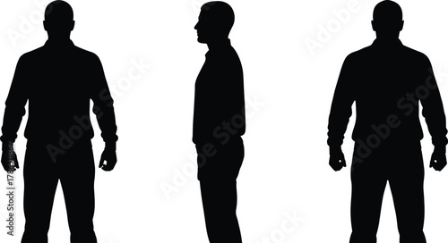 Male human body silhouette front and side view isolated on white background, standing man figure template, posture reference design