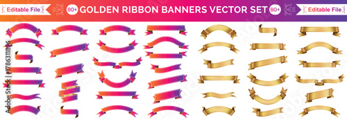 Ribbon banner label emblem gold vector background set with isolated fancy badge vintage sticker and decorative border Golden Ribbon Banners Vector 