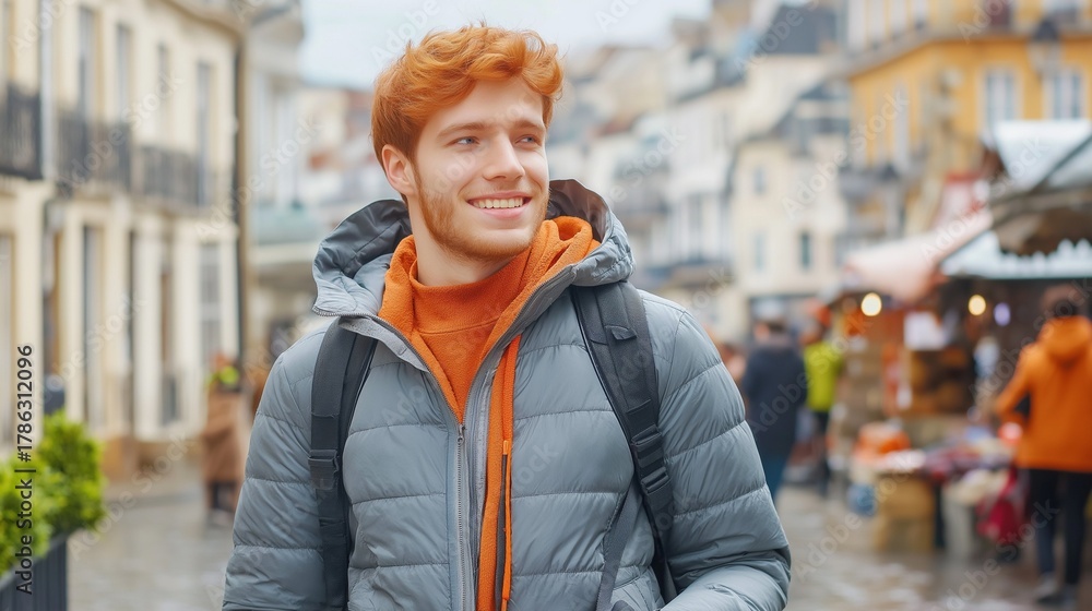 Fototapeta premium A young man with striking ginger hair, wearing a casual jacket, walking along a cobblestone street