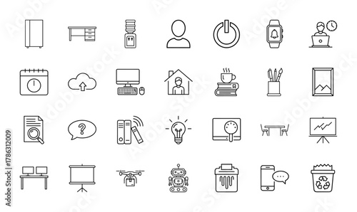 Business and technology line icon set. Vector pictograms of desk, computer, calendar, cloud, smartwatch, lightbulb, drone, robot, recycle bin, document, thin linear illustration.