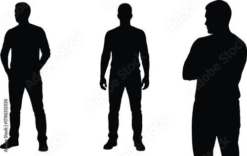 Male person silhouettes standing in different poses, full body black vector illustration of man figure, fashion and attitude concept