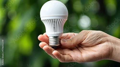 Hand holding a modern LED light bulb ready for installation in a home environment surrounded by greenery