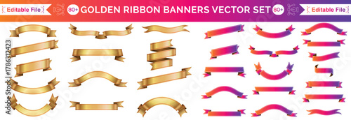 Ribbon banner label emblem gold vector background set with isolated fancy badge vintage sticker and decorative border Golden Ribbon Banners Vector 