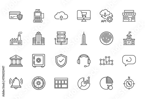 Digital services and business line icon set. Vector pictograms of credit card, POS terminal, cloud, shopping, API, factory, data, security, and charts, thin linear illustration.