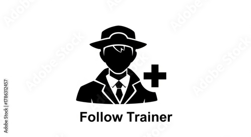 A black and white icon of a person with a hat and coat, accompanied by a plus sign and the text follow trainer