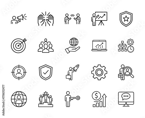 Business management line icon set. Vector pictograms of communication, teamwork, strategy, success, security, global, workflow, growth, development, thin linear illustration.