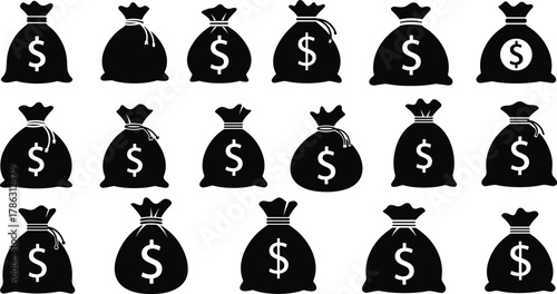 Money bag silhouettes with dollar signs, financial wealth and banking symbol vector illustration, investment and savings concept design set