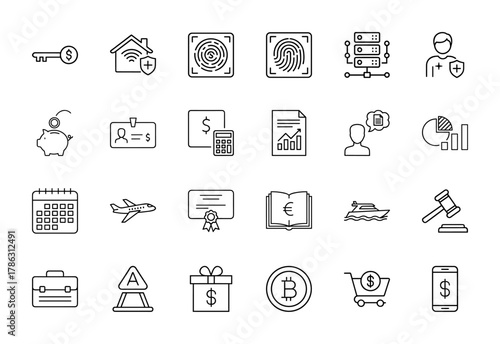 Business, technology, and security icon set. Vector pictograms of key, smart home, fingerprints, server, piggy bank, ID card, airplane, shopping cart, and smartphone, thin linear illustration.