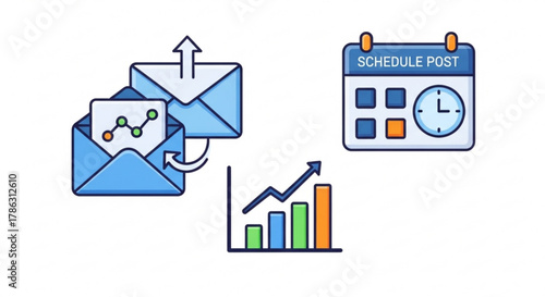 Social media marketing icons set includes email marketing, schedule post, and chart for managing social media accounts and improving online presence