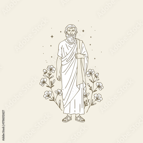 A Minimalist Monoline Logo Design Illustration of a Greek Philosopher Full Body Statue in a Semi-Realistic Engraving Style, a Classical Art and Philosophy Line Art Socrates, Plato, Aristoteles