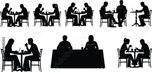 People silhouettes sitting at cafe tables, man and woman drinking coffee and talking, restaurant meeting, romantic date vector illustration