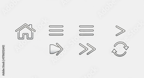 A set of outline vector icons representing various navigation elements for user interface design, includes home, menu, forward, and refresh symbols