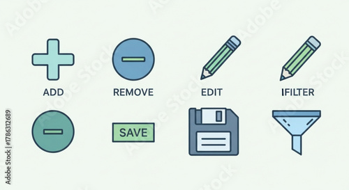 Collection of colorful icons featuring add, remove, edit, filter, and save symbols, providing a versatile set for user interface design and functionality
