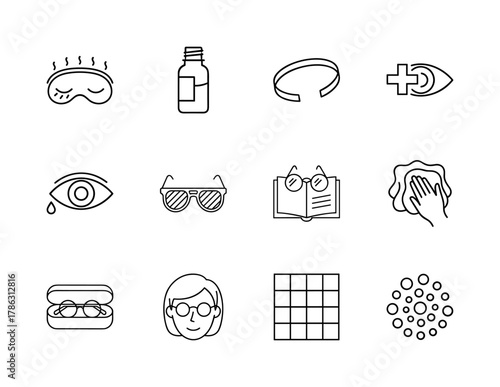 Vision and eye care line icon set. Vector pictograms of a sleep mask, eye drops, contact lens, eyeglasses, sunglasses, and vision chart, thin linear illustration.