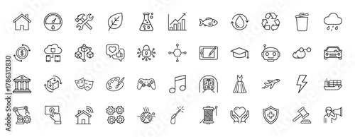 Modern universal line icon set. Vector pictograms covering technology, business, environment, finance, logistics, and creativity, thin illustration.