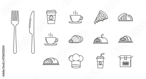 Collection of outline icons representing various food and drink items, including coffee, pizza, croissant, and delivery box, for versatile use