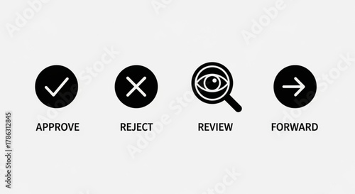 Streamlined workflow icons featuring approve, reject, review, and forward actions, presented in a clean and modern design, for easy integration