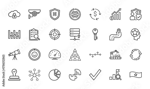 Business and technology line icon set. Vector pictograms of cloud security, CCTV camera, data analysis, server, roadmap, growth chart, and automation, thin linear illustration.