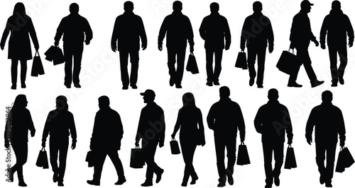 People silhouettes walking and shopping with bags, male and female figures, urban lifestyle vector illustration, retail activity black design